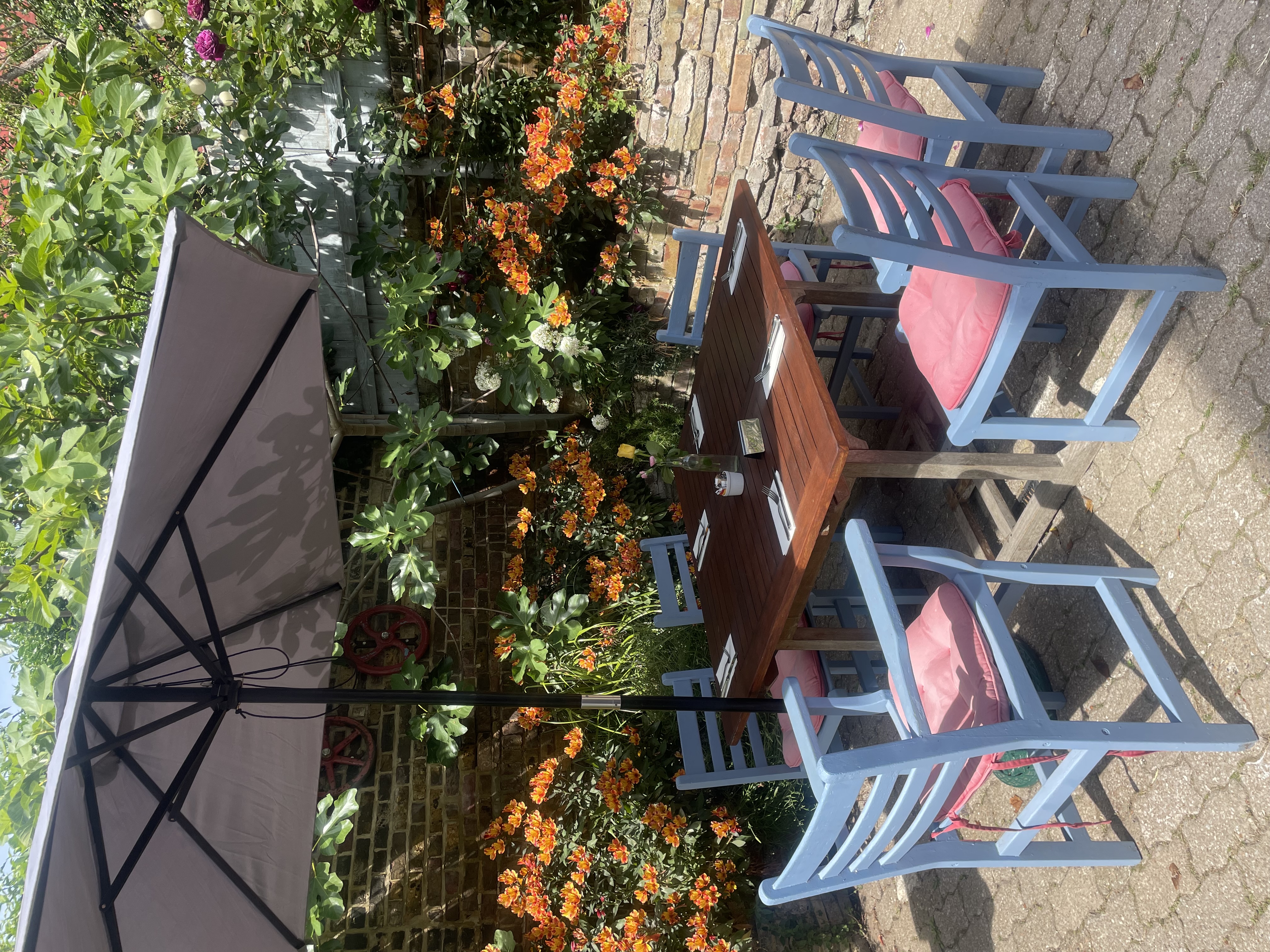 Garden table set for dining with alstroemeria in bloom